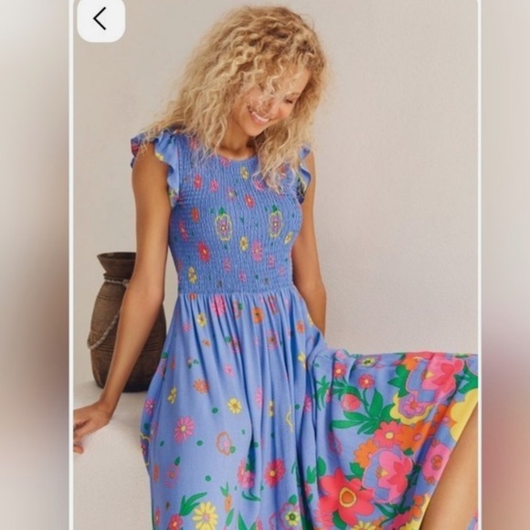 Mister Zimi Blue Meadow Floral Print Abbie Elasticized Smocked   Midi Dress 6 - Picture 2 of 7